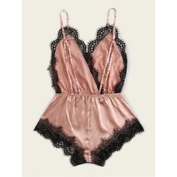 Eyelash Lace Satin Romper Bodysuit - Picture 4 of 9